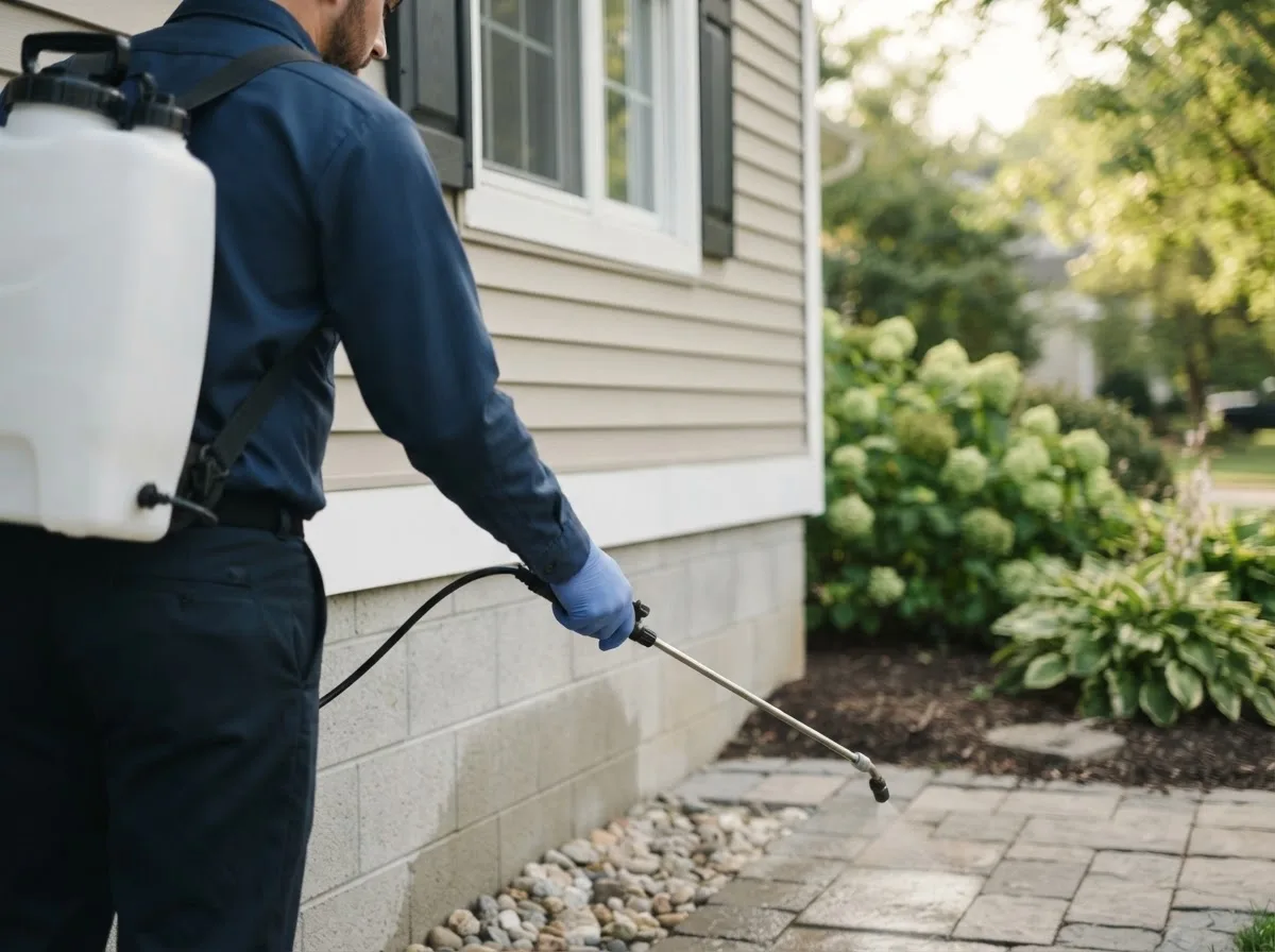 Pest control technician inspecting a home in Lucile, ID